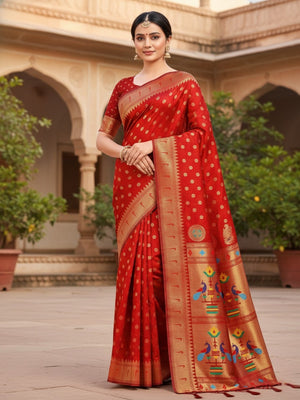 Classic Red Floral Banarasi Silk Weaving Paithani Saree With Decorative Peacock Motif Pallu - Image 1