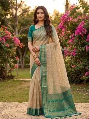 Graceful Chikoo Cotton Silk Saree With Intricate Geometric Zari Weaving & Contrast Rama Blue Border Pallu - Image 1