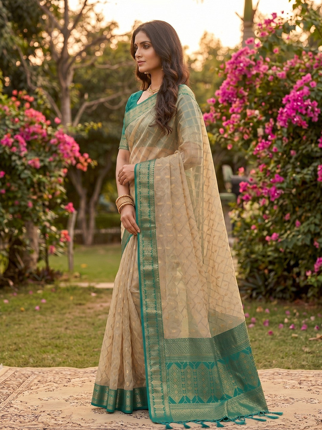 Graceful Chikoo Cotton Silk Saree With Intricate Geometric Zari Weaving & Contrast Rama Blue Border Pallu - Image 3