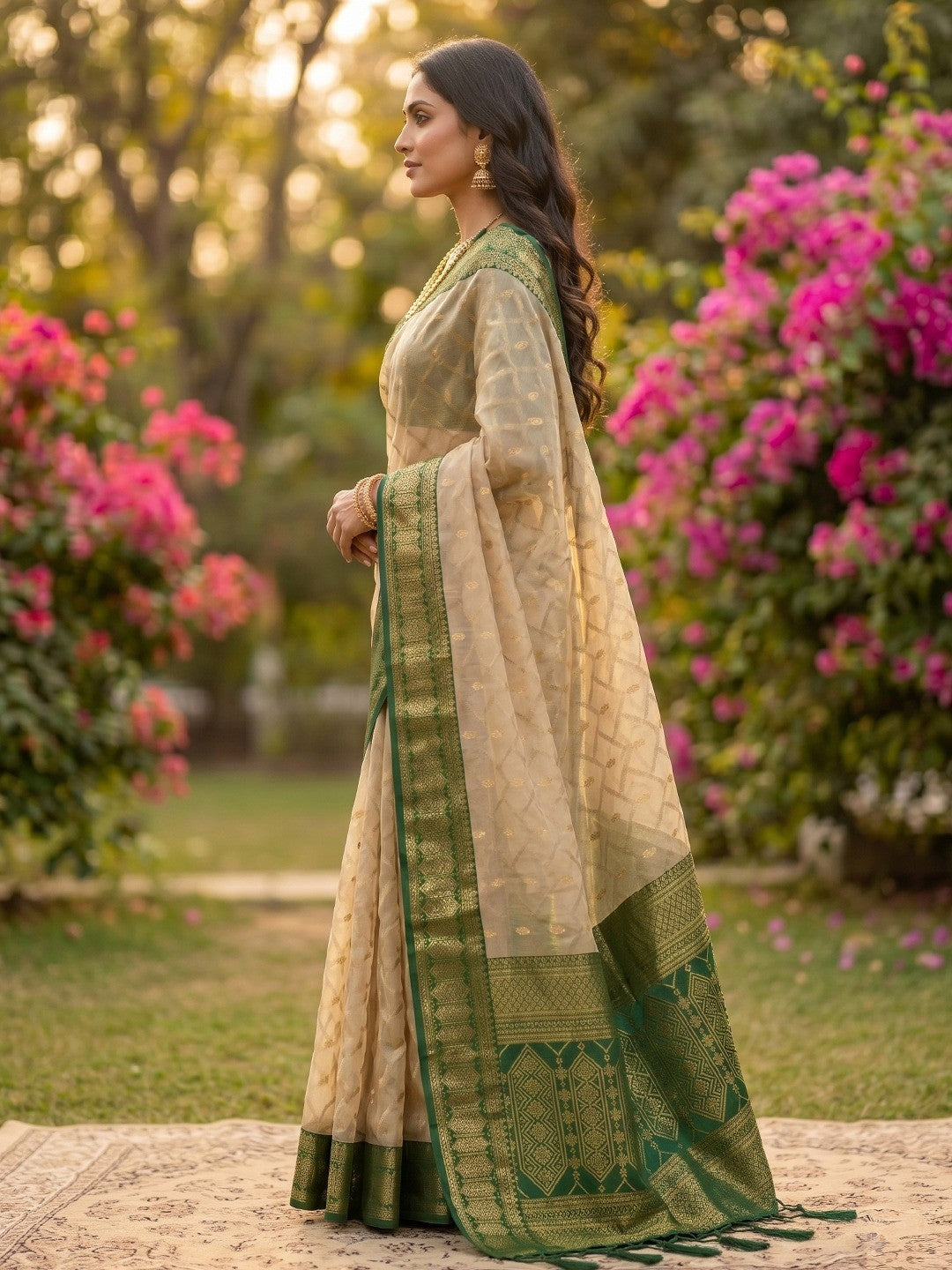Graceful Chikoo Cotton Silk Saree With Intricate Geometric Zari Weaving & Contrast Green Border Pallu - Image 2