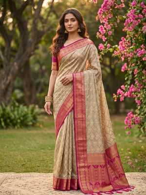 Graceful Chikoo Cotton Silk Saree With Intricate Geometric Zari Weaving & Contrast Pink Border Pallu - Image 1