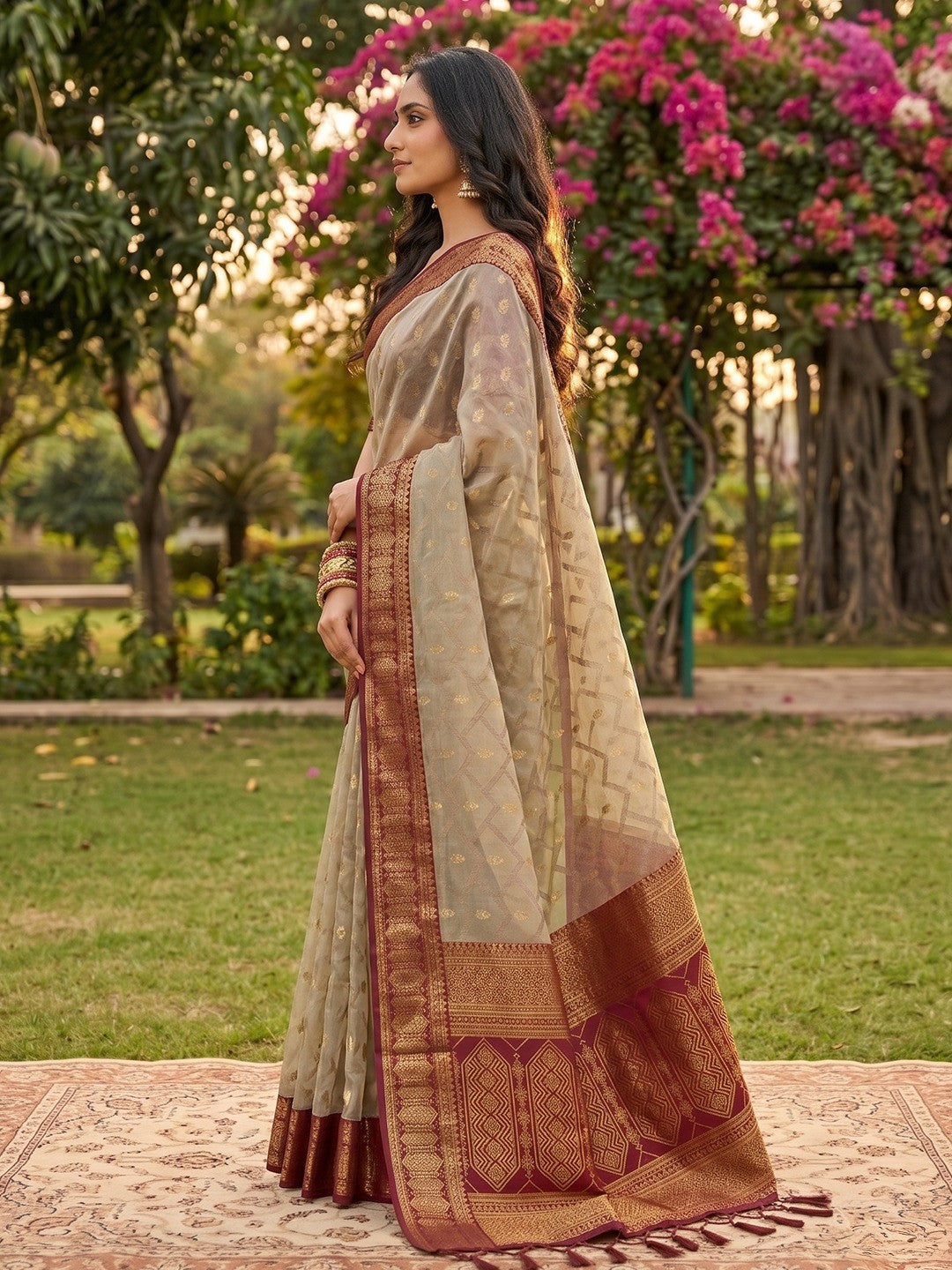 Graceful Chikoo Cotton Silk Saree With Intricate Geometric Zari Weaving & Contrast Maroon Border Pallu - Image 2