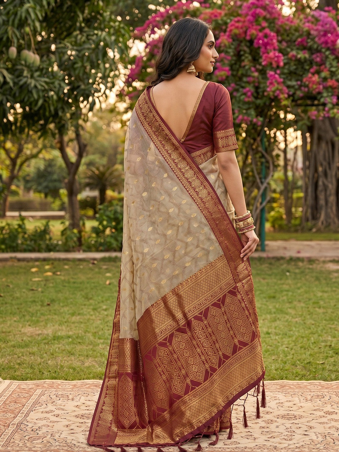 Graceful Chikoo Cotton Silk Saree With Intricate Geometric Zari Weaving & Contrast Maroon Border Pallu - Image 3