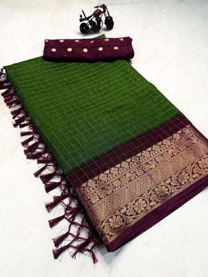 Traditional Green Check Pattern Dola Silk Saree Highlighted with Jacquard Border Work & Tassel Pallu - Image 2