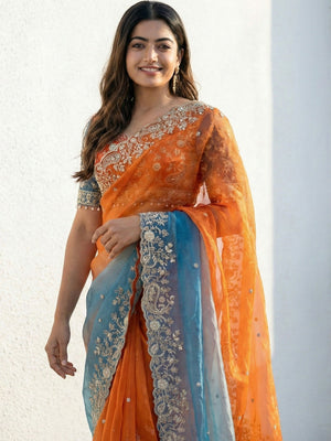 Orange & Blue Floral Organza Satin Silk Saree With Sequins Embroidery And Pearl Accent Pallu - Image 2
