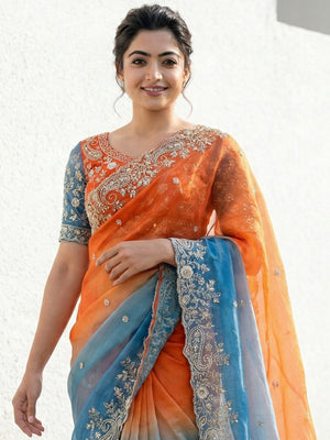 Orange & Blue Floral Organza Satin Silk Saree With Sequins Embroidery And Pearl Accent Pallu - Image 2