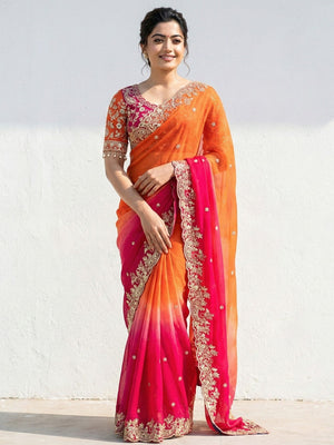 Orange & Pink Floral Organza Satin Silk Saree With Sequins Embroidery And Pearl Accent Pallu - Image 1