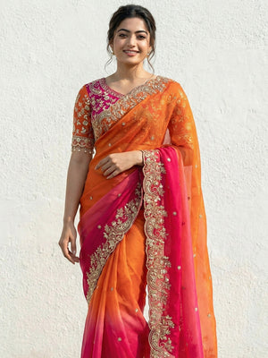Orange & Pink Floral Organza Satin Silk Saree With Sequins Embroidery And Pearl Accent Pallu - Image 2