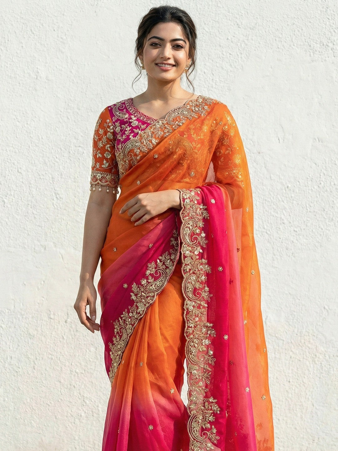 Orange & Pink Floral Organza Satin Silk Saree With Sequins Embroidery And Pearl Accent Pallu - Image 3