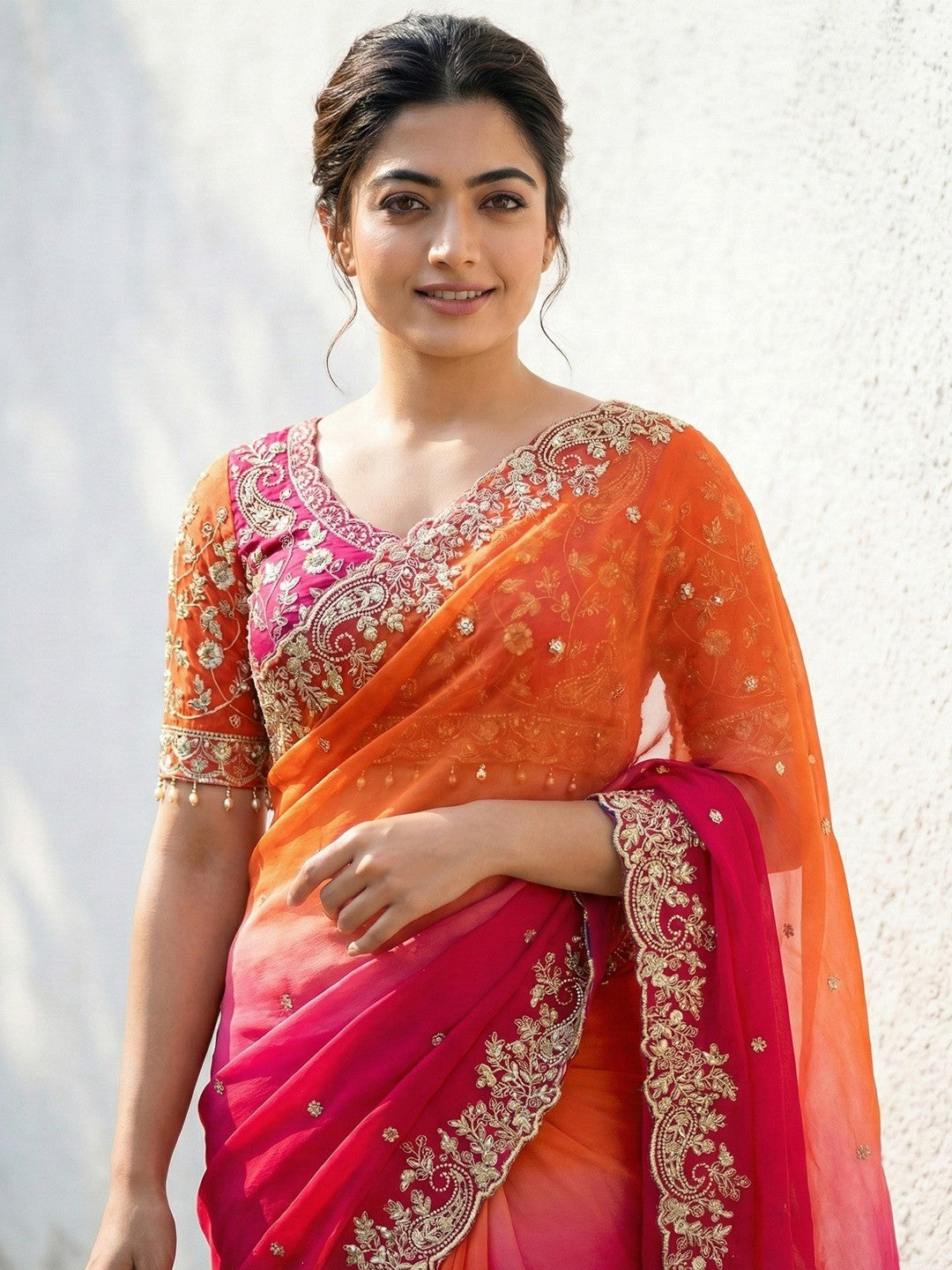 Orange & Pink Floral Organza Satin Silk Saree With Sequins Embroidery And Pearl Accent Pallu - Image 5