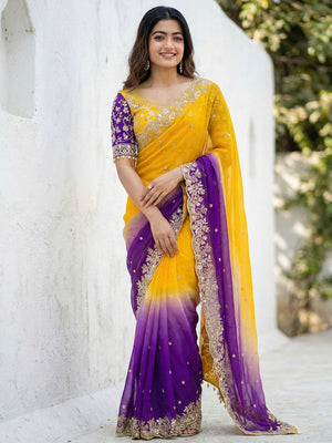 Yellow & Purple  Floral Organza Satin Silk Saree With Sequins Embroidery And Pearl Accent Pallu - Image 1