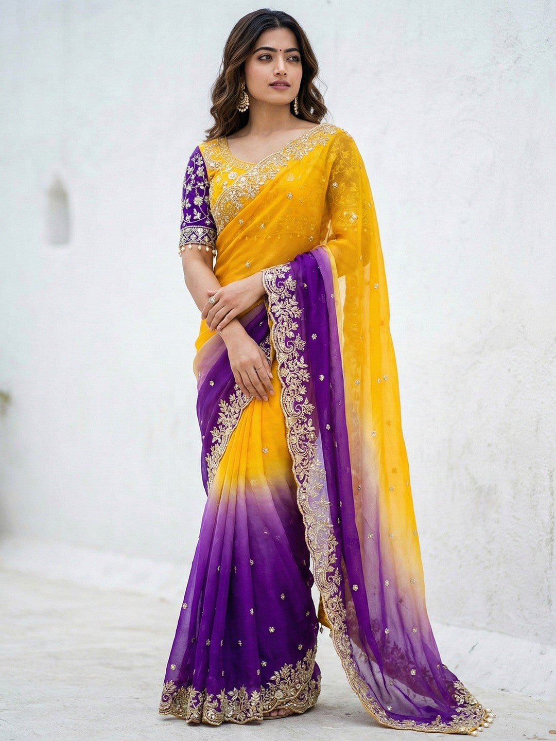 Yellow & Purple  Floral Organza Satin Silk Saree With Sequins Embroidery And Pearl Accent Pallu - Image 5