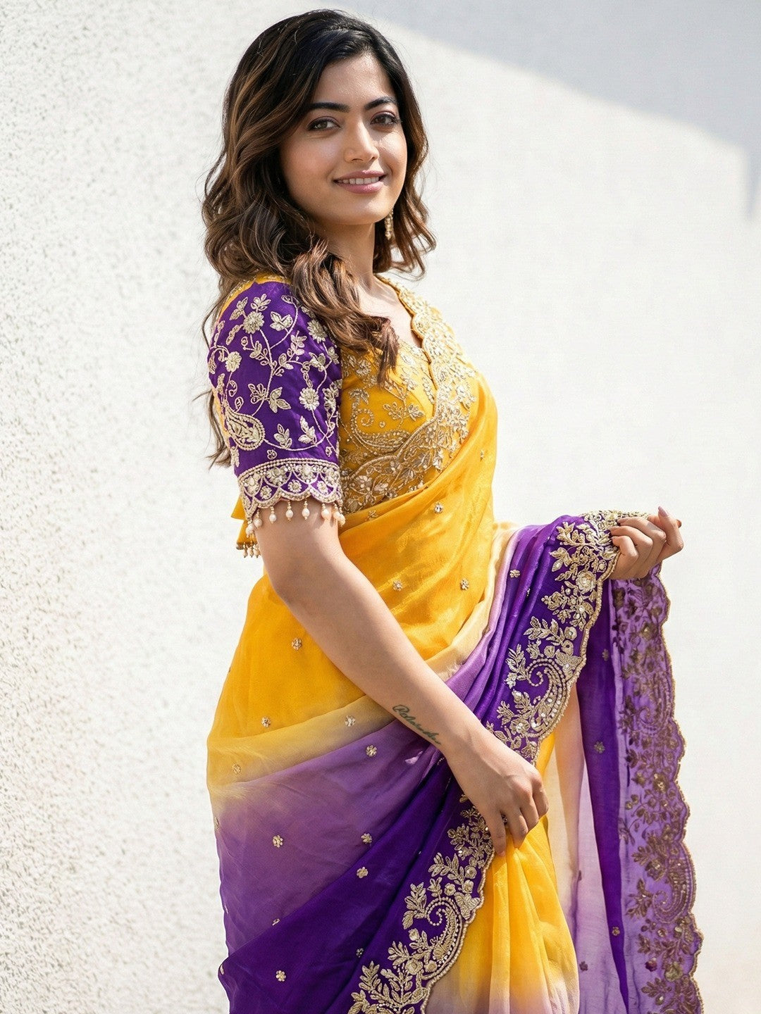 Yellow & Purple  Floral Organza Satin Silk Saree With Sequins Embroidery And Pearl Accent Pallu - Image 4