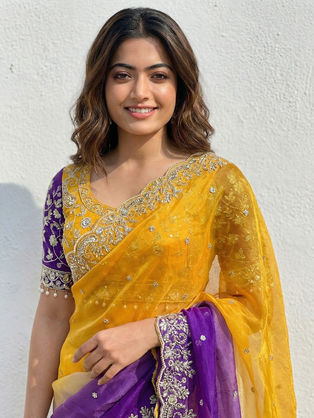 Yellow & Purple  Floral Organza Satin Silk Saree With Sequins Embroidery And Pearl Accent Pallu - Image 3