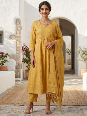 Designer Yellow Mulmul Cotton A Line Suit Set with Embroidered Dupatta Traditional Appeal - Image 1