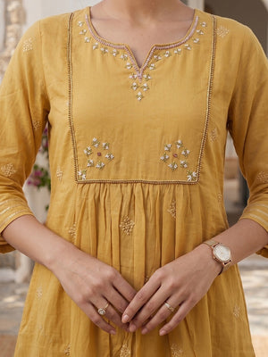 Designer Yellow Mulmul Cotton A Line Suit Set with Embroidered Dupatta Traditional Appeal - Image 2