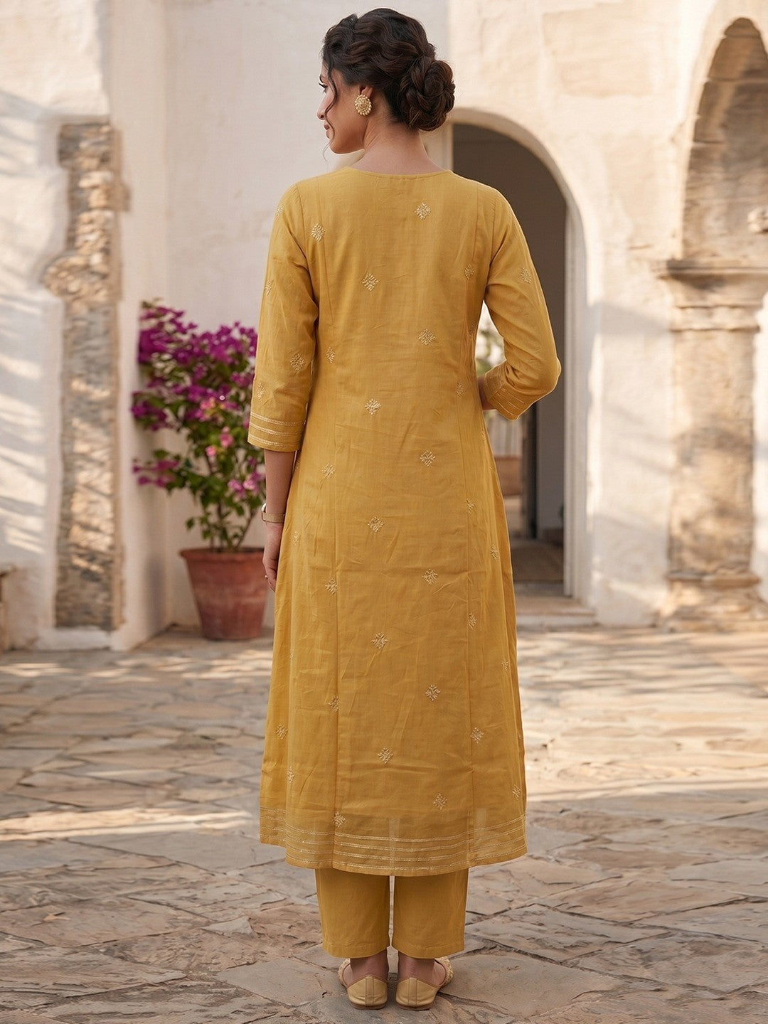 Designer Yellow Mulmul Cotton A Line Suit Set with Embroidered Dupatta Traditional Appeal - Image 3