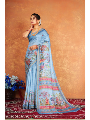 Traditional Blue Elephant & Floral Heritage Digital Printed Dola Silk Saree With Zari Border - Image 1