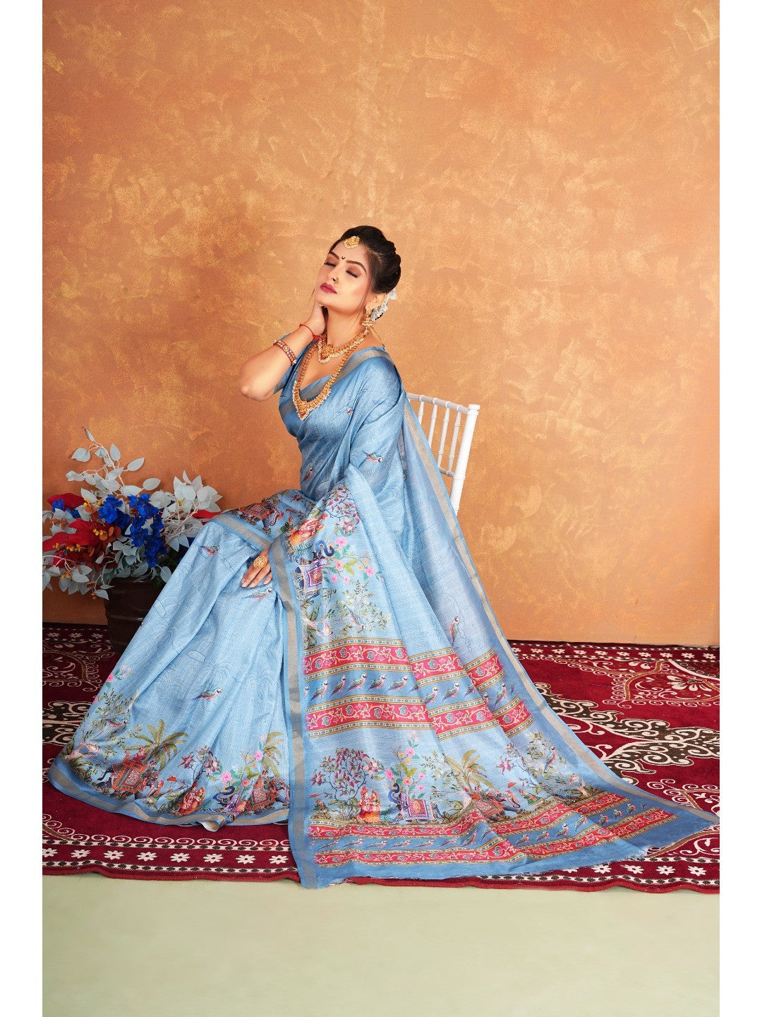 Traditional Blue Elephant & Floral Heritage Digital Printed Dola Silk Saree With Zari Border - Image 3