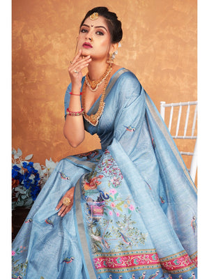 Traditional Blue Elephant & Floral Heritage Digital Printed Dola Silk Saree With Zari Border - Image 2