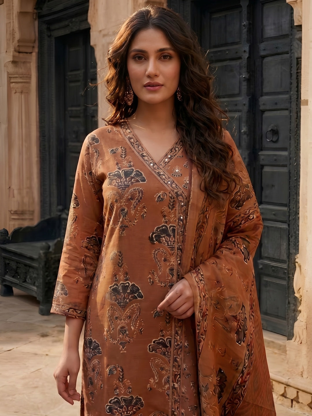 Elegant Rust Floral Printed Pure Cotton Salwar Suit Set - Image 4