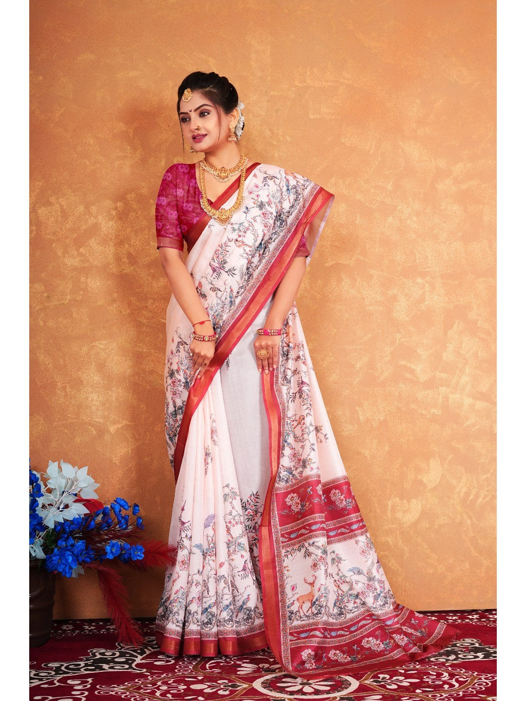 Offwhite Floral & Animal Motif Digital Printed Dola Silk Saree With Artistic Heritage Work - Image 1