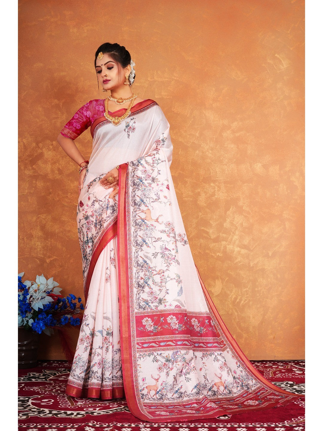 Offwhite Floral & Animal Motif Digital Printed Dola Silk Saree With Artistic Heritage Work - Image 3