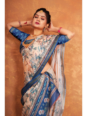 Light Peach Nature Inspired Digital Print Dola Silk Saree with Elegant Floral & Animal Design Work - Image 2