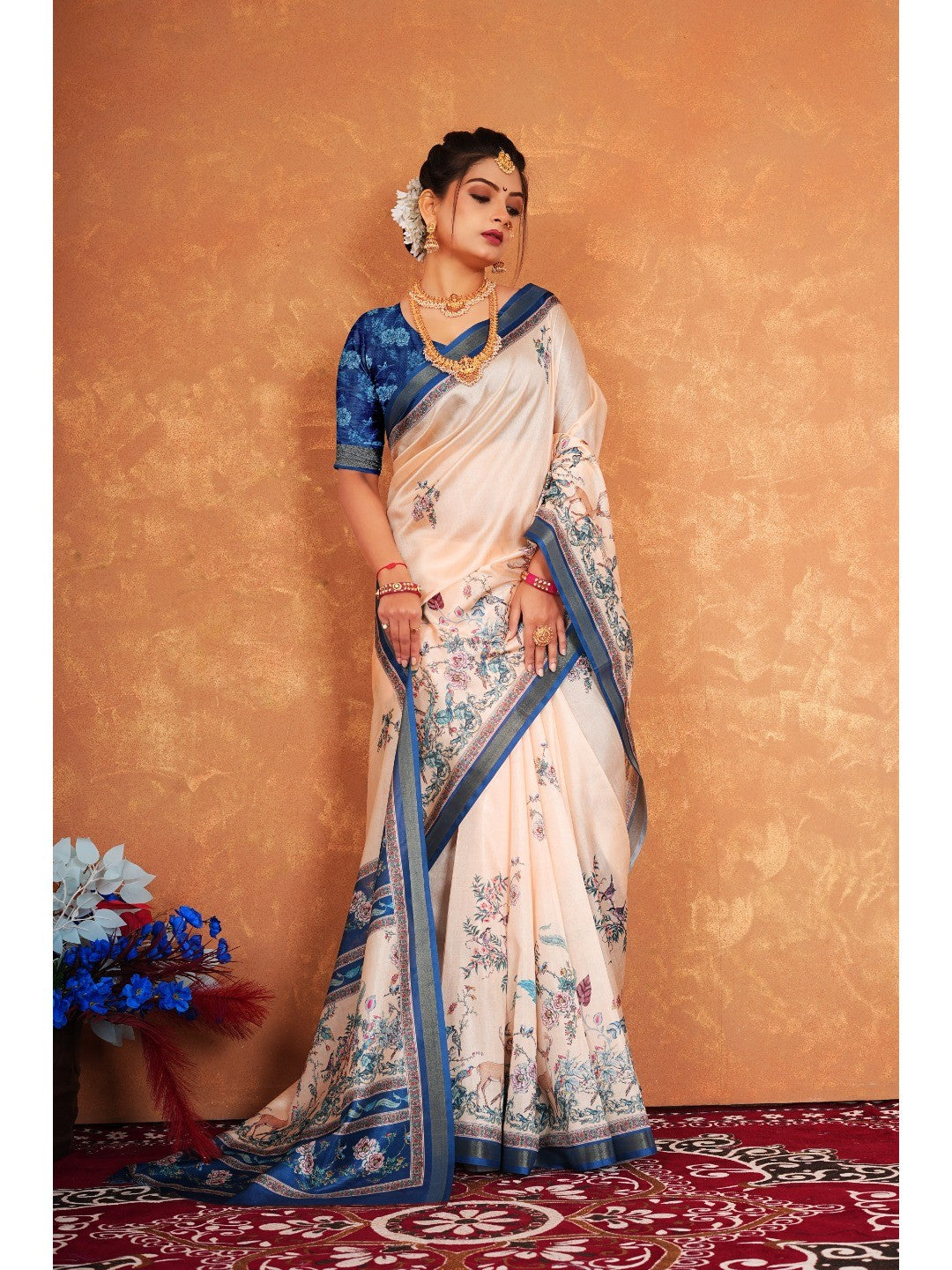 Light Peach Nature Inspired Digital Print Dola Silk Saree with Elegant Floral & Animal Design Work - Image 3