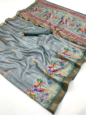 Elegant Grey Dola Silk Saree with Digital Print and Zari Border - Image 2