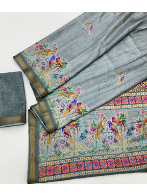 Elegant Grey Dola Silk Saree with Digital Print and Zari Border - Image 2