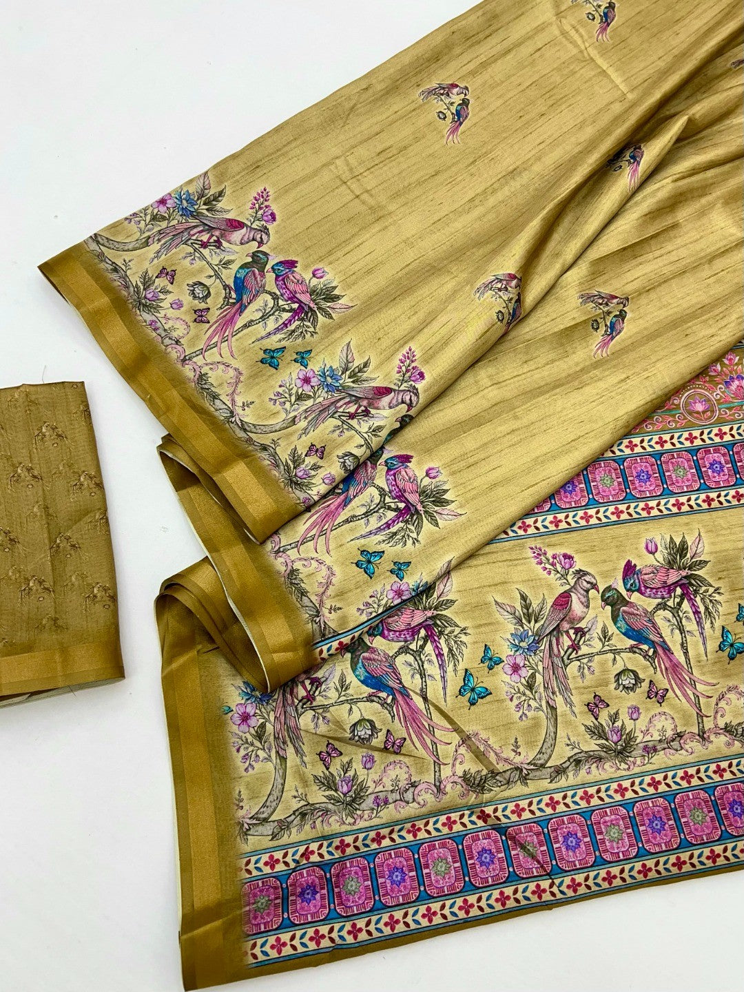 Mustard Dola Silk Saree with Elegant Digital Print and Zari Border - Image 3
