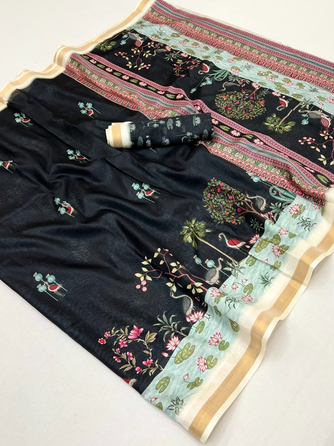 Elegant Black Dola Silk Saree with Digital Print and Zari Border - Image 2