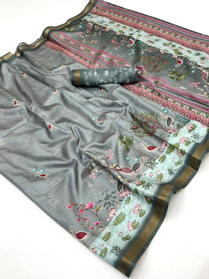 Elegant Grey Dola Silk Saree with Digital Print and Zari Border - Image 2