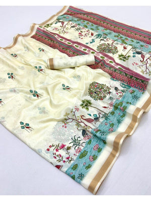 Elegant Offwhite Dola Silk Digital Print Saree with Traditional Motif Design - Image 2