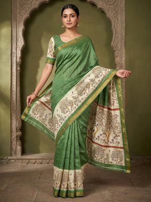 Green Digital Printed Dola Silk Saree with Zari Border Lightweight Festive Wear - Image 1