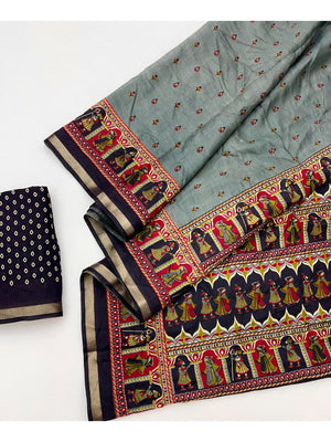 Elegant Grey Viscose Saree with Zari Border and Traditional Fancy Print - Image 2
