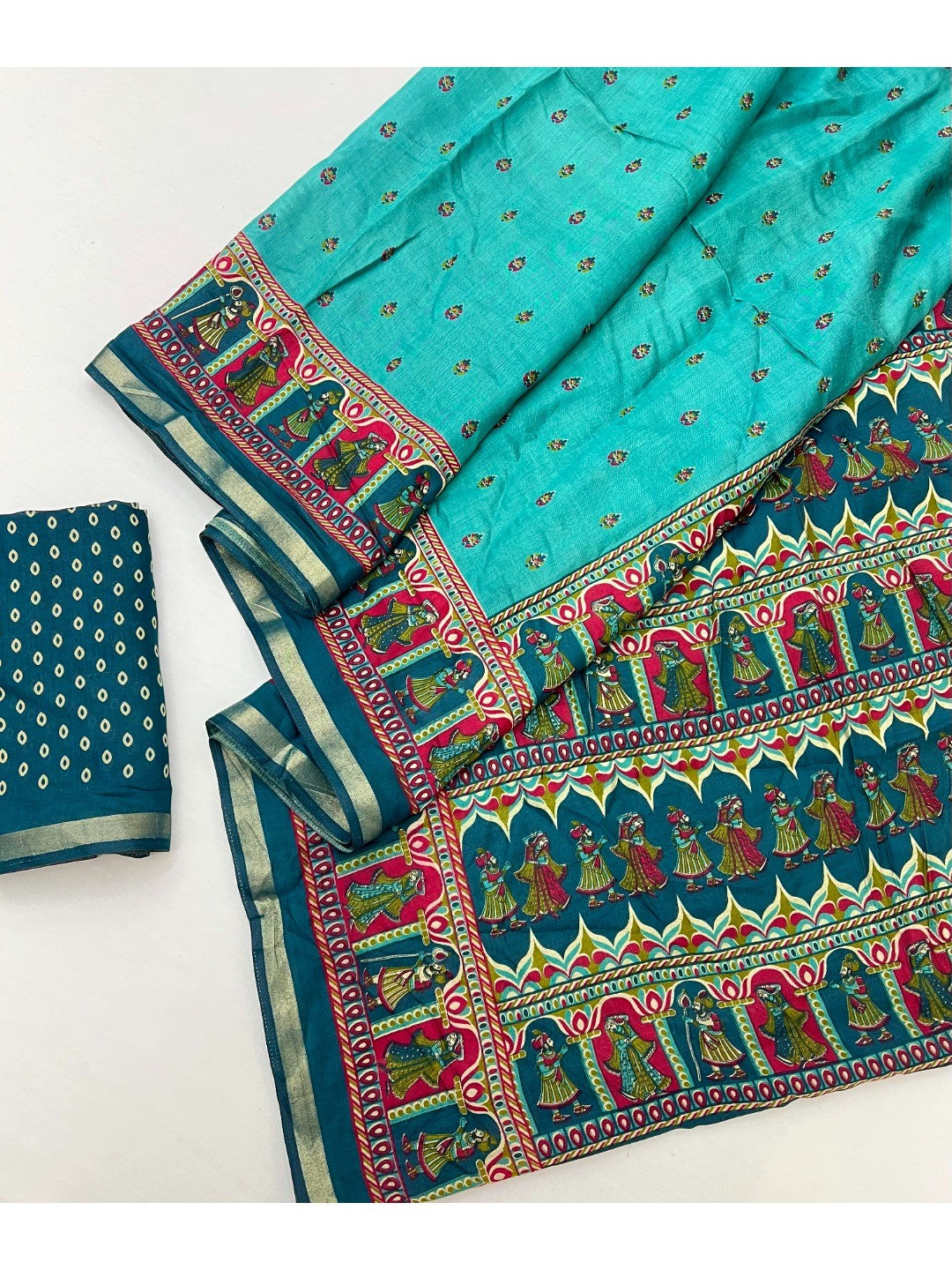 Rama Blue Viscose Saree with Fancy Print and Zari Border - Image 2