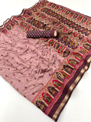 Elegant Peach Viscose Saree with Fancy Print and Rich Zari Border - Image 2