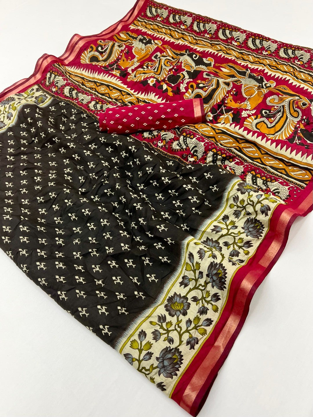 Elegant Black Viscose Saree with Kalamkari Print and Zari Border - Image 2