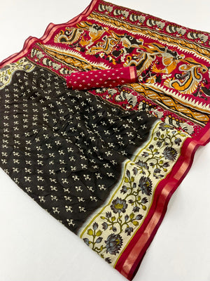 Elegant Black Viscose Saree with Kalamkari Print and Zari Border - Image 2
