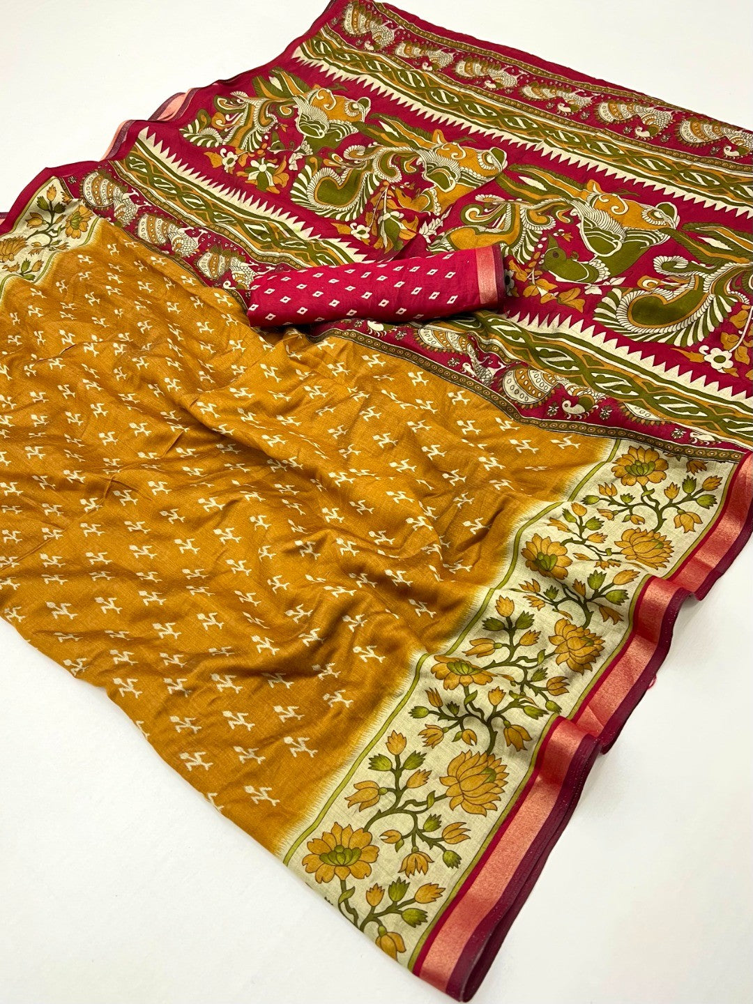 Mustard Viscose Saree with Traditional Fancy Print and Zari Work - Image 3