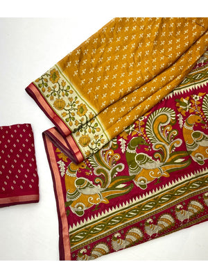 Mustard Viscose Saree with Traditional Fancy Print and Zari Work - Image 2