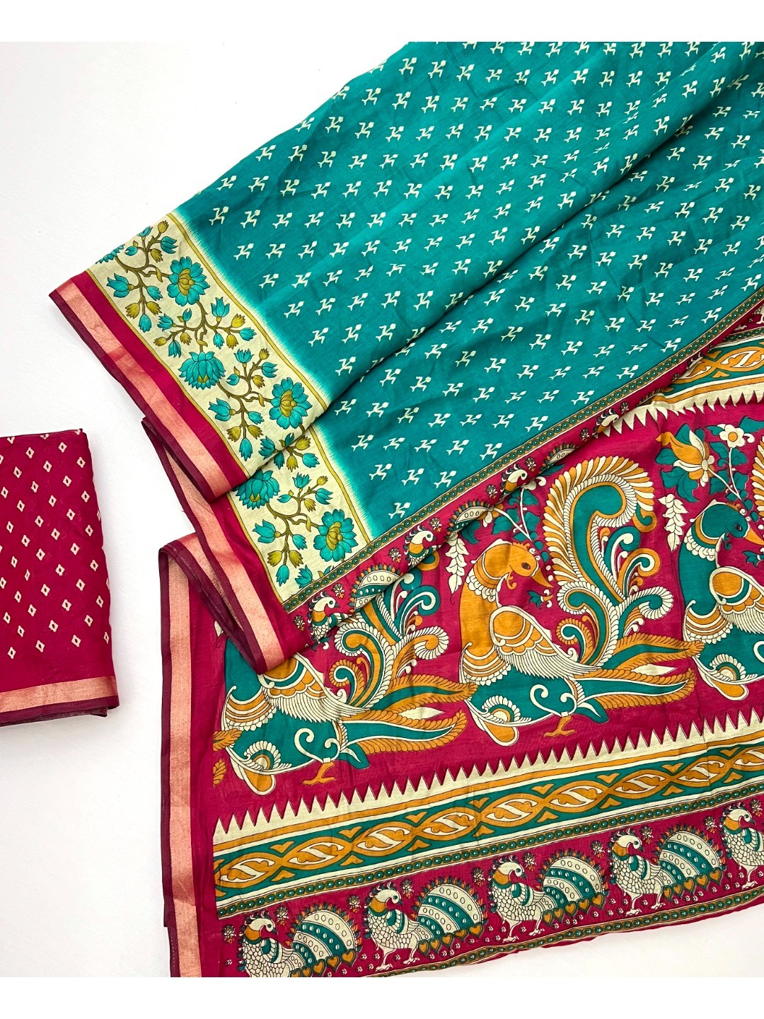 Rama Blue Viscose Saree with Fancy Print and Zari Border - Image 2