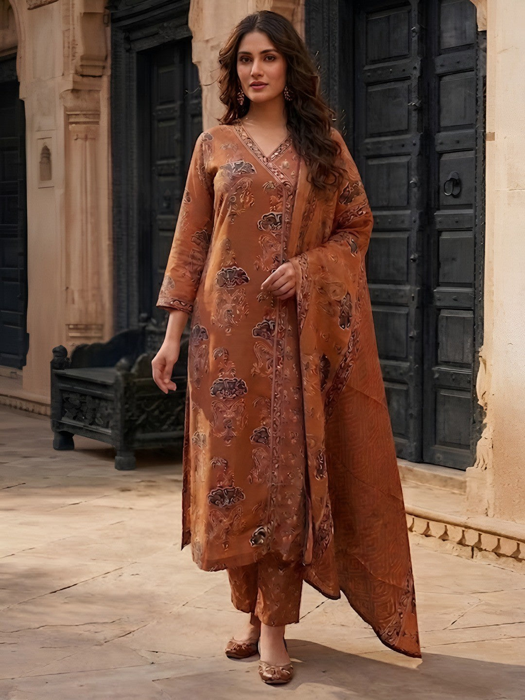 Elegant Rust Floral Printed Pure Cotton Salwar Suit Set - Image 1