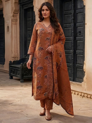 Elegant Rust Floral Printed Pure Cotton Salwar Suit Set - Image 1