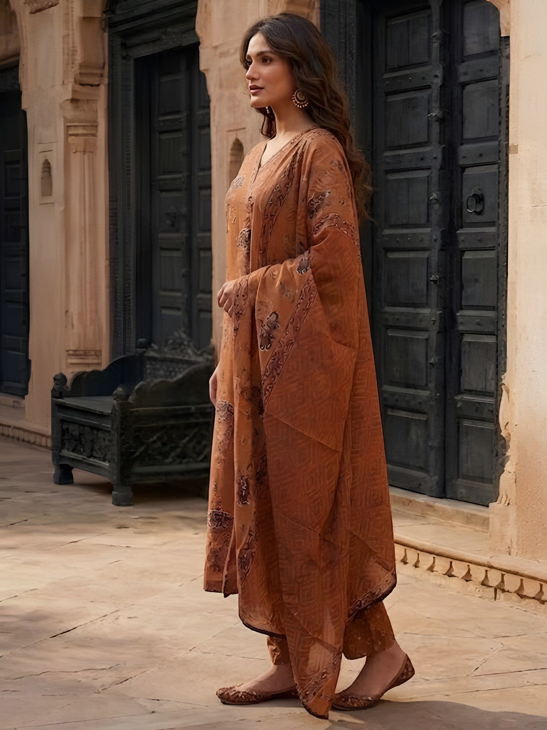 Elegant Rust Floral Printed Pure Cotton Salwar Suit Set - Image 2