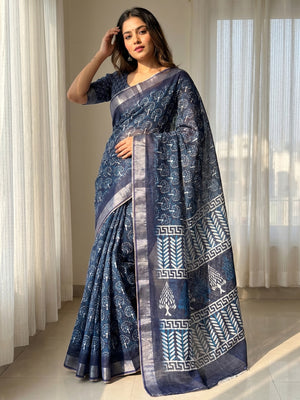 Elegant Blue Digital Print Pure Cotton Saree with Zari Border - Image 1