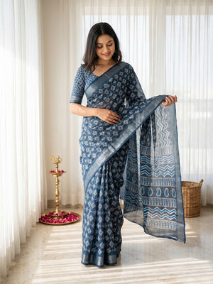 Blue Digital Printed Cotton Saree with Elegant Zari Border Everyday Ethnic Wear - Image 1