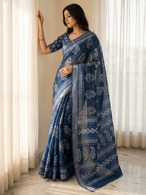 Elegant Blue Pure Cotton Digital Print Saree with Zari Border - Image 1